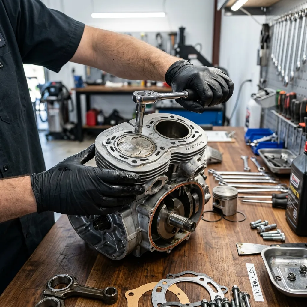 Close-up of mechanic working on a snowmachine engine