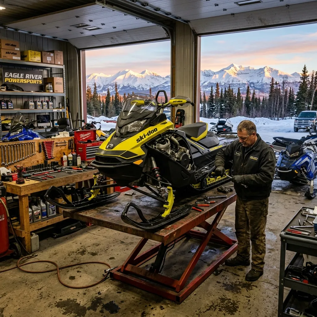 River City Powersports shop interior with snowmachine on a lift at golden hour